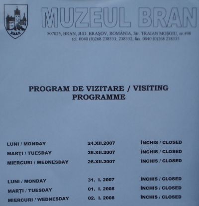 Programul de sarbatori al castelului Bran in 2007